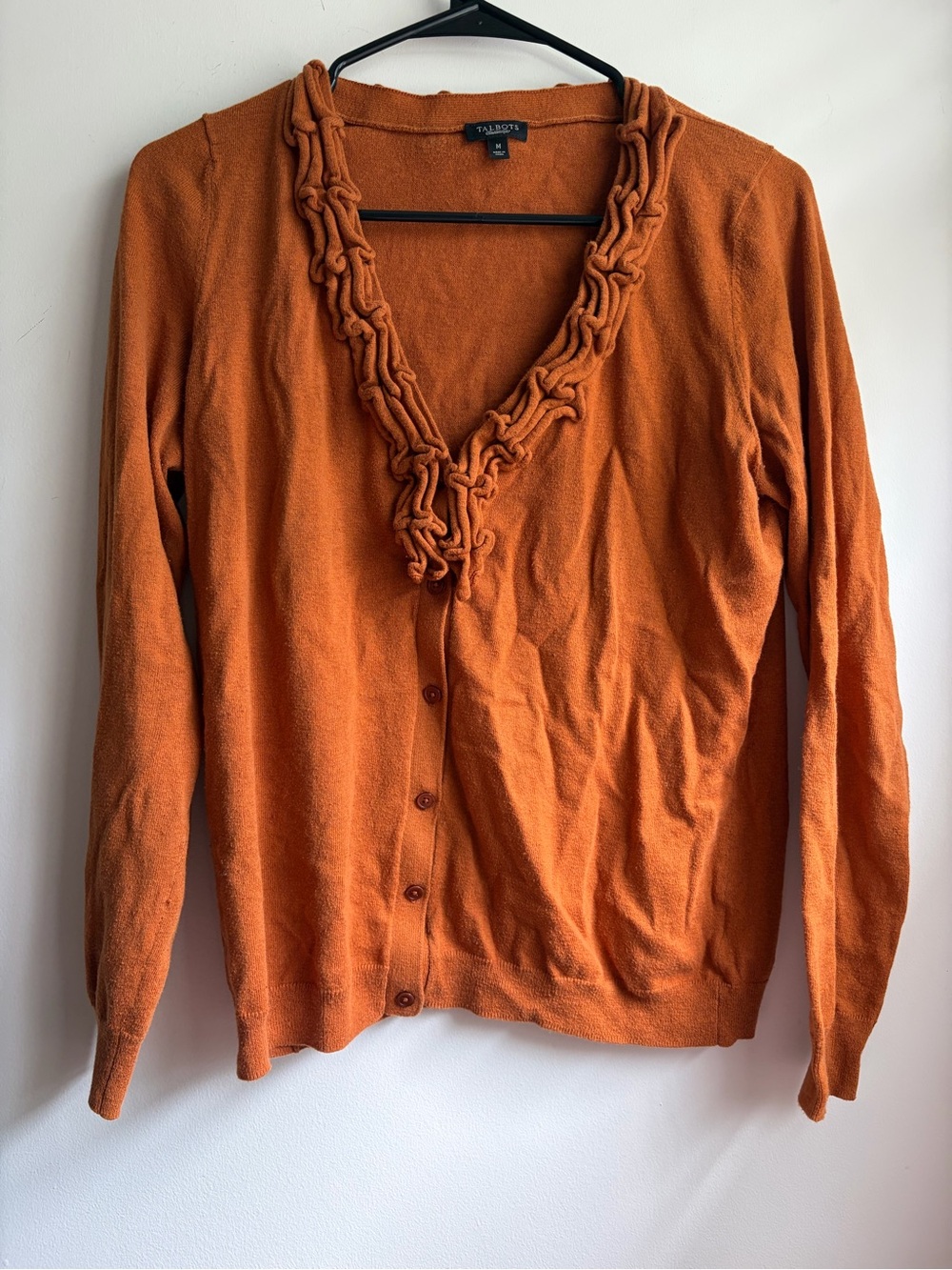 Talbots Wool Ruffle Collar Burnt Orange Button Front Cardigan Bookish Collegiate